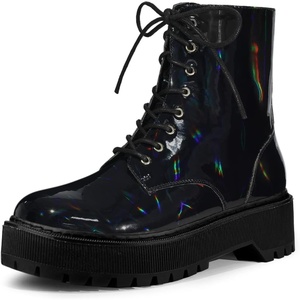 image:imageAllegra K Women Faux Leather Round Toe Platform Combat Boots Flat HeelsBlack
