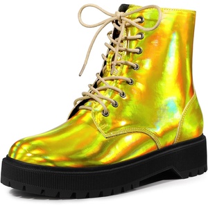 image:imageAllegra K Women Faux Leather Round Toe Platform Combat Boots Flat HeelsGold Yellow