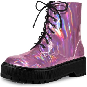 image:imageAllegra K Women Faux Leather Round Toe Platform Combat Boots Flat HeelsPink