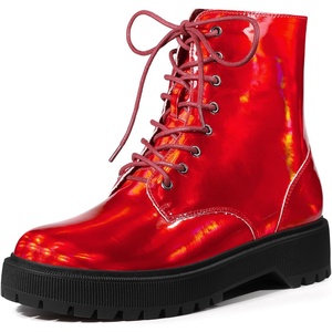 image:imageAllegra K Women Faux Leather Round Toe Platform Combat Boots Flat HeelsRed