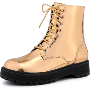 image:imageAllegra K Women Faux Leather Round Toe Platform Combat Boots Flat HeelsRose Gold