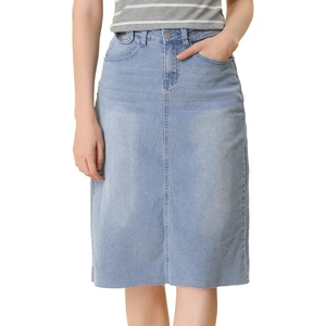 image:imageAllegra K Womens Casual Jean Skirt Raw Hem Stretch High Waist Denim SkirtsLight Blue