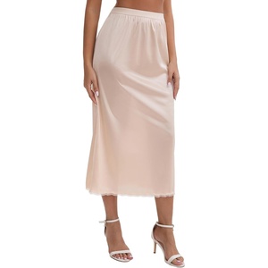 image:imageAllegra K Womens Satin Lace Trim Flared Hem Half Slip Relaxed Fit Lightweight Solid Maxi PetticoatBeige