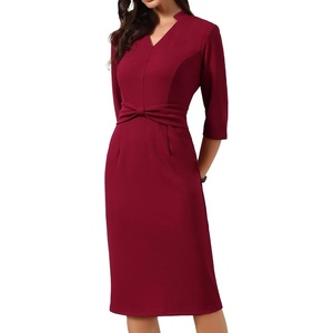 image:imageAllegra K Work Dresses for Women 34 Sleeve Stand Collared V Neck Business Office Bodycon Sheath Dress 2026Wine Red