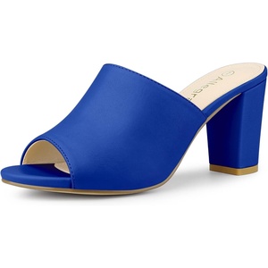 image:imageAllegra K Women Faux Leather Slip on Block Heel Slide SandalsBlue