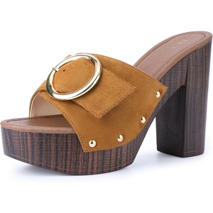 image:imageAllegra K Women Faux Suede Buckle Slip on Platform Chunky Heels SandalsBrown