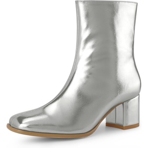 image:imageAllegra K Women Metallic Square Toe Chunky Heel Gogo Ankle BootsSilver
