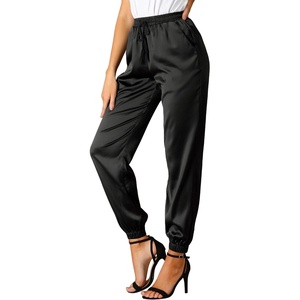 image:imageAllegra K Women Satin Drawstring Elastic Waist Straight Leg Joggers PantsBlack