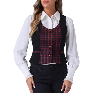 image:imageAllegra K Women Vintage Plaid Button Down Sleeveless U Neck Waistcoat VestRed