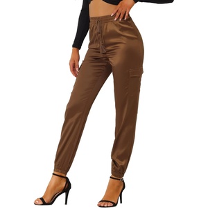 image:imageAllegra K Womens Satin Pants Tie Elastic High Waist Satin Cargo JoggersCoffee