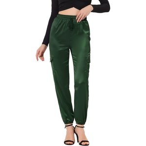 image:imageAllegra K Womens Satin Pants Tie Elastic High Waist Satin Cargo JoggersDark Green