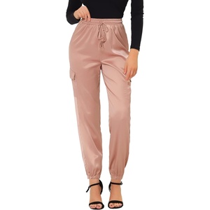 image:imageAllegra K Womens Satin Pants Tie Elastic High Waist Satin Cargo JoggersGraypink