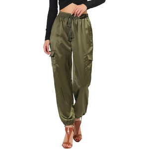 image:imageAllegra K Womens Satin Pants Tie Elastic High Waist Satin Cargo JoggersGreen