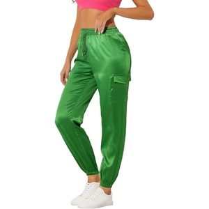 image:imageAllegra K Womens Satin Pants Tie Elastic High Waist Satin Cargo JoggersLight Green