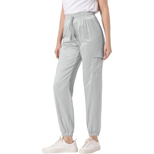 image:imageAllegra K Womens Satin Pants Tie Elastic High Waist Satin Cargo JoggersLight Grey