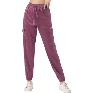 image:imageAllegra K Womens Satin Pants Tie Elastic High Waist Satin Cargo JoggersPink Purple