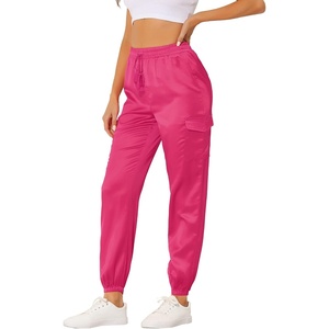 image:imageAllegra K Womens Satin Pants Tie Elastic High Waist Satin Cargo JoggersRose Red