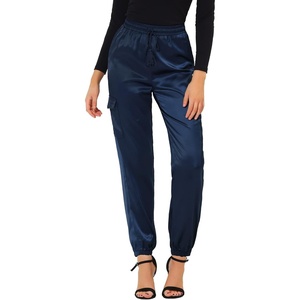 image:imageAllegra K Womens Satin Pants Tie Elastic High Waist Satin Cargo JoggersRoyal Blue